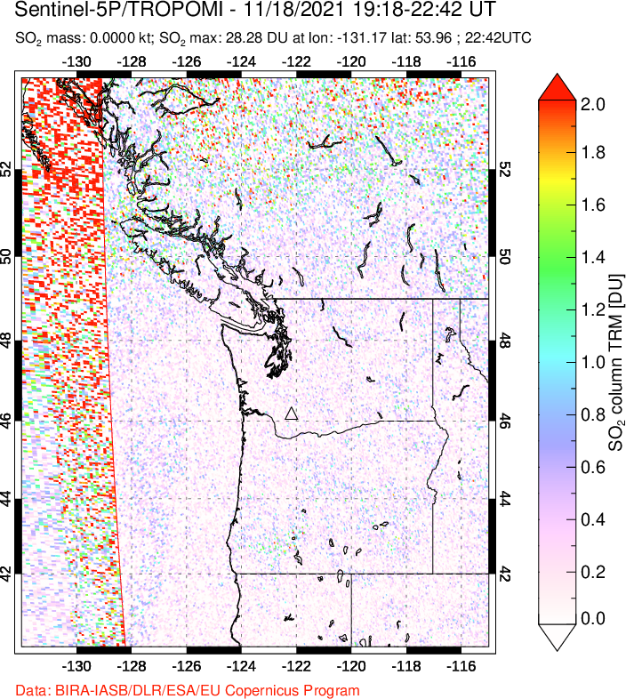 A sulfur dioxide image over Cascade Range, USA on Nov 18, 2021.