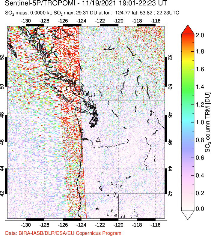 A sulfur dioxide image over Cascade Range, USA on Nov 19, 2021.