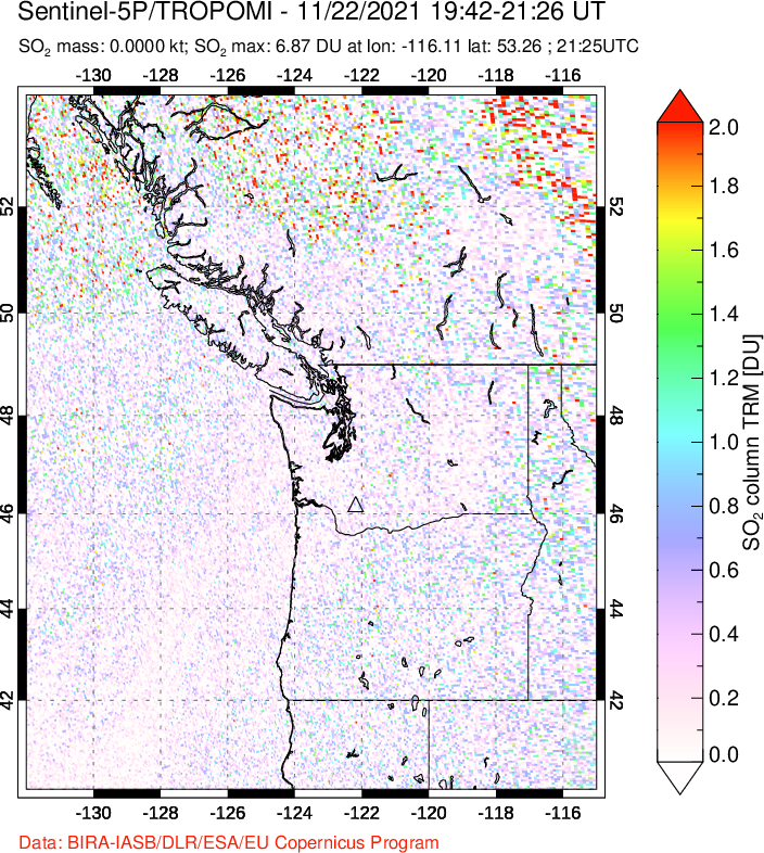 A sulfur dioxide image over Cascade Range, USA on Nov 22, 2021.