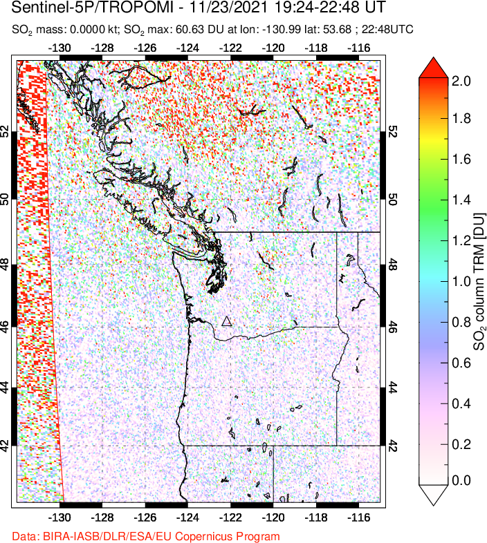 A sulfur dioxide image over Cascade Range, USA on Nov 23, 2021.