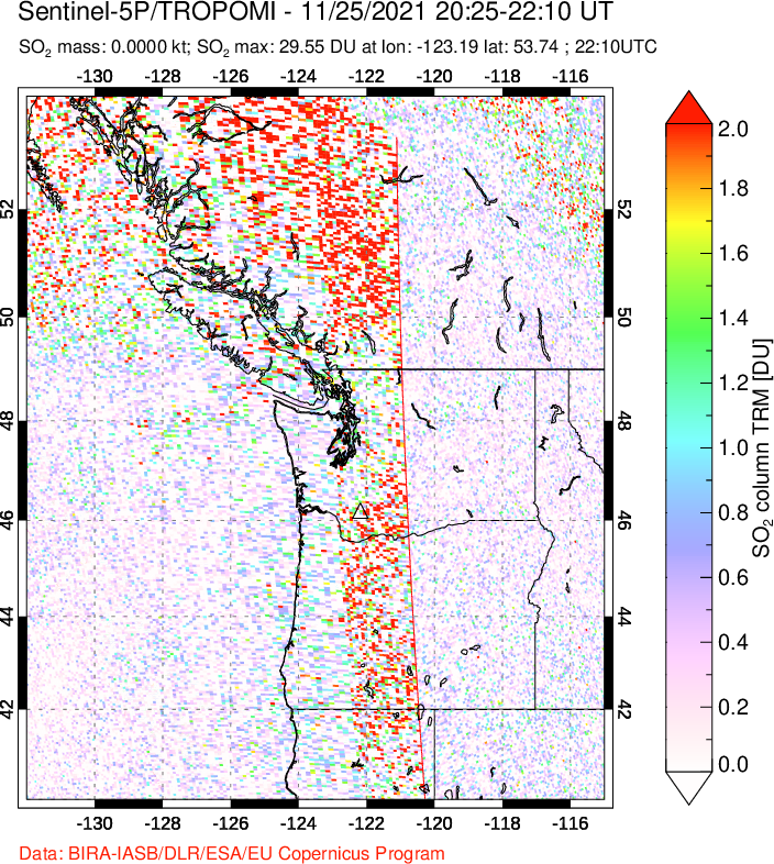 A sulfur dioxide image over Cascade Range, USA on Nov 25, 2021.
