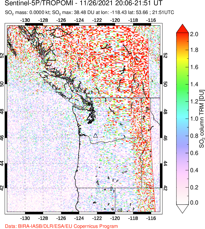 A sulfur dioxide image over Cascade Range, USA on Nov 26, 2021.