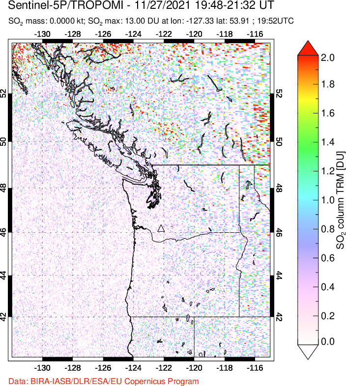 A sulfur dioxide image over Cascade Range, USA on Nov 27, 2021.