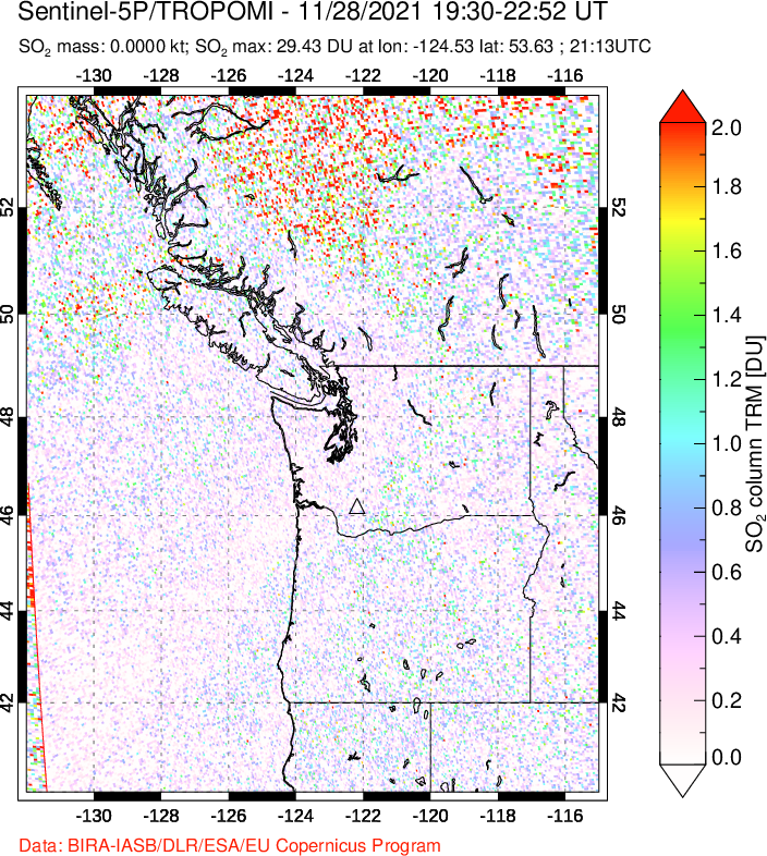 A sulfur dioxide image over Cascade Range, USA on Nov 28, 2021.