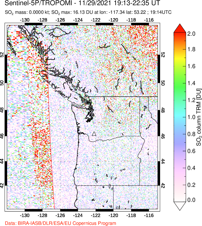 A sulfur dioxide image over Cascade Range, USA on Nov 29, 2021.