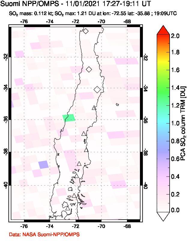 A sulfur dioxide image over Central Chile on Nov 01, 2021.