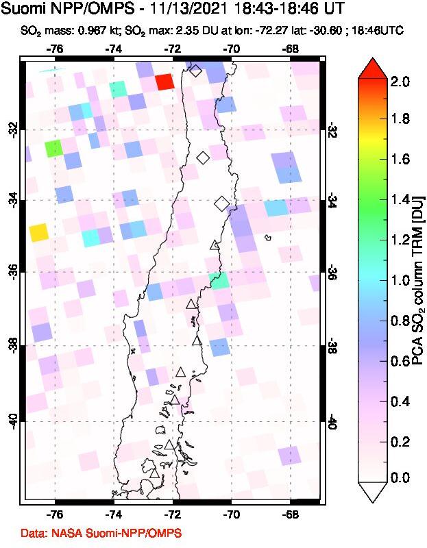 A sulfur dioxide image over Central Chile on Nov 13, 2021.