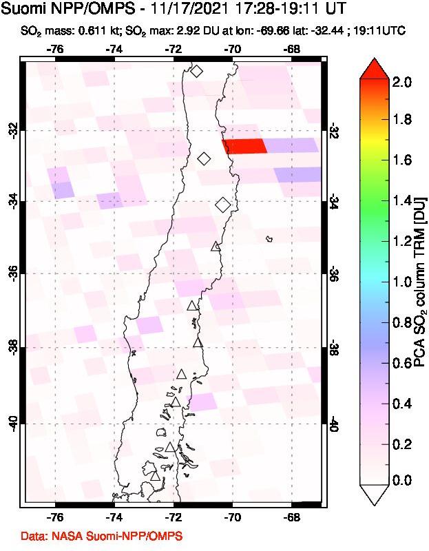 A sulfur dioxide image over Central Chile on Nov 17, 2021.