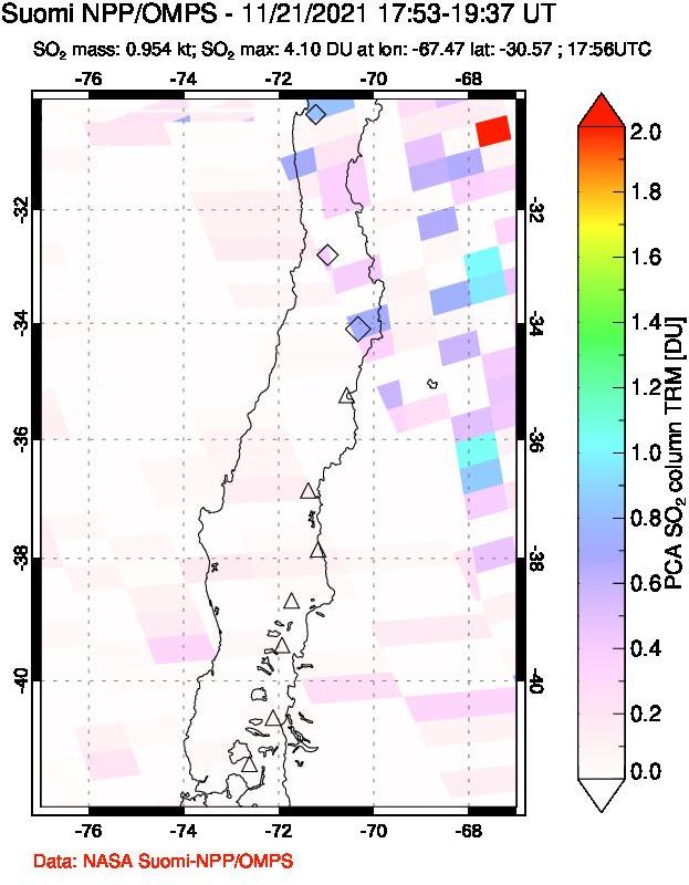 A sulfur dioxide image over Central Chile on Nov 21, 2021.