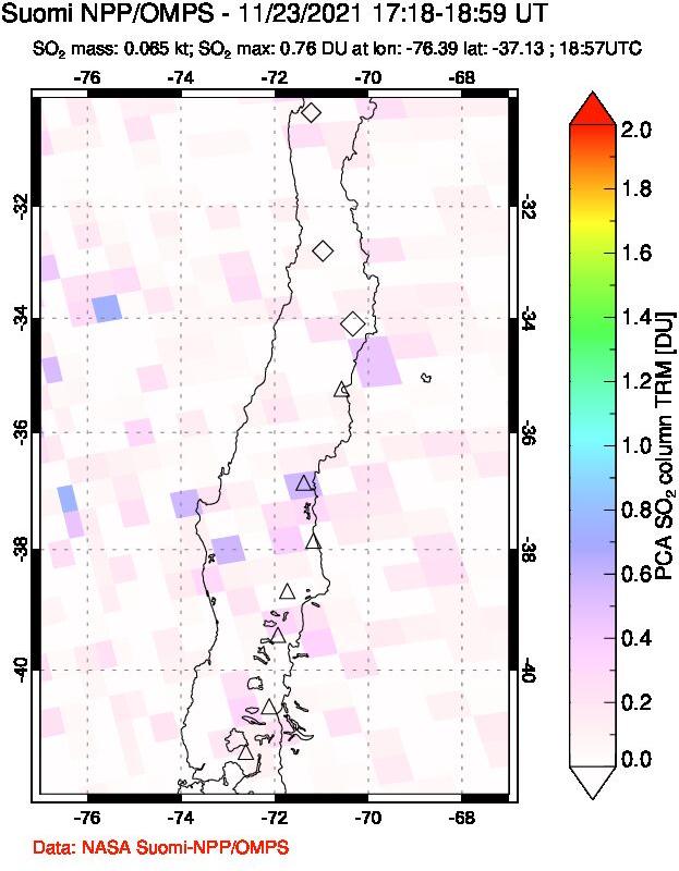 A sulfur dioxide image over Central Chile on Nov 23, 2021.