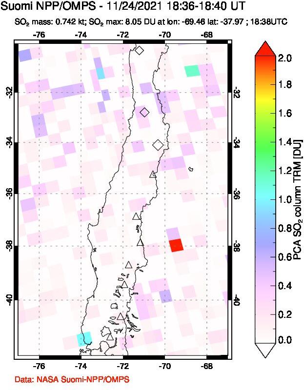 A sulfur dioxide image over Central Chile on Nov 24, 2021.