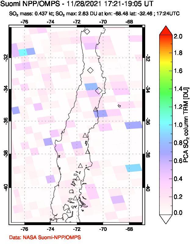 A sulfur dioxide image over Central Chile on Nov 28, 2021.