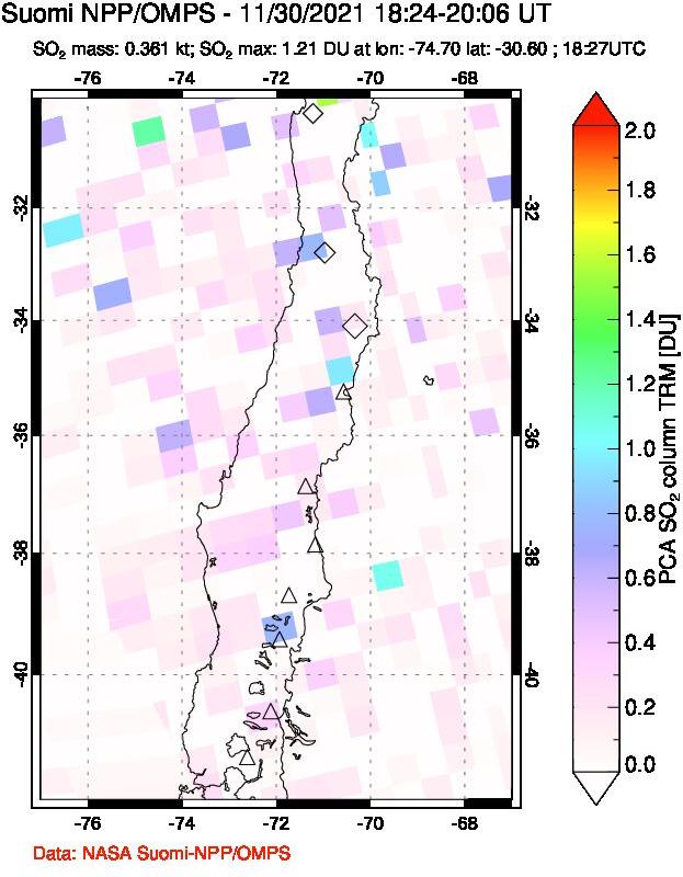 A sulfur dioxide image over Central Chile on Nov 30, 2021.
