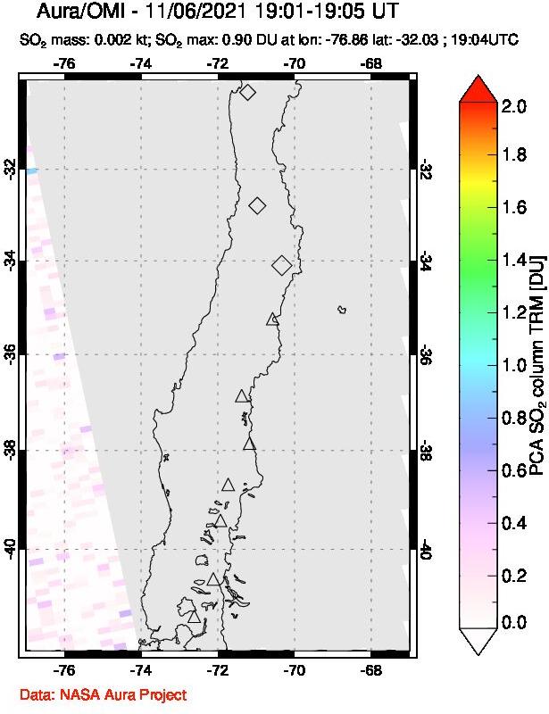 A sulfur dioxide image over Central Chile on Nov 06, 2021.
