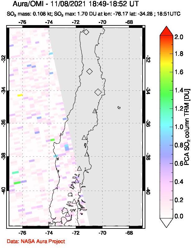 A sulfur dioxide image over Central Chile on Nov 08, 2021.