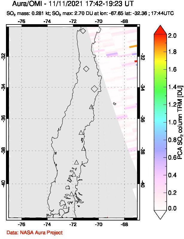A sulfur dioxide image over Central Chile on Nov 11, 2021.