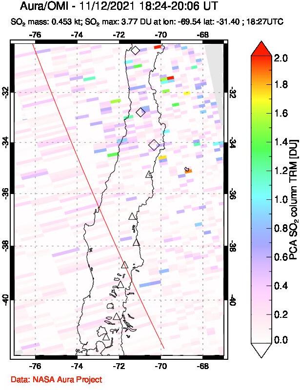 A sulfur dioxide image over Central Chile on Nov 12, 2021.