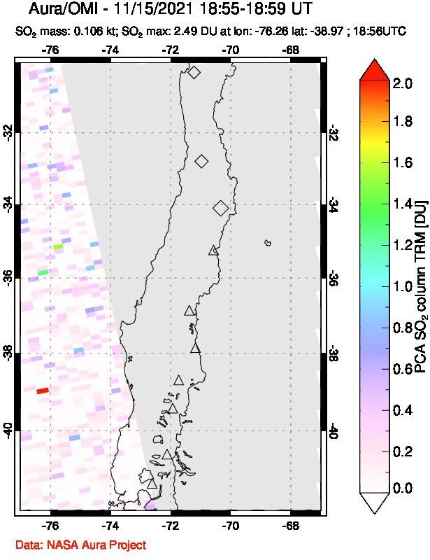 A sulfur dioxide image over Central Chile on Nov 15, 2021.