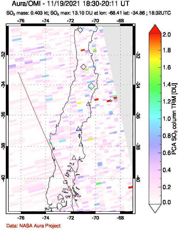 A sulfur dioxide image over Central Chile on Nov 19, 2021.