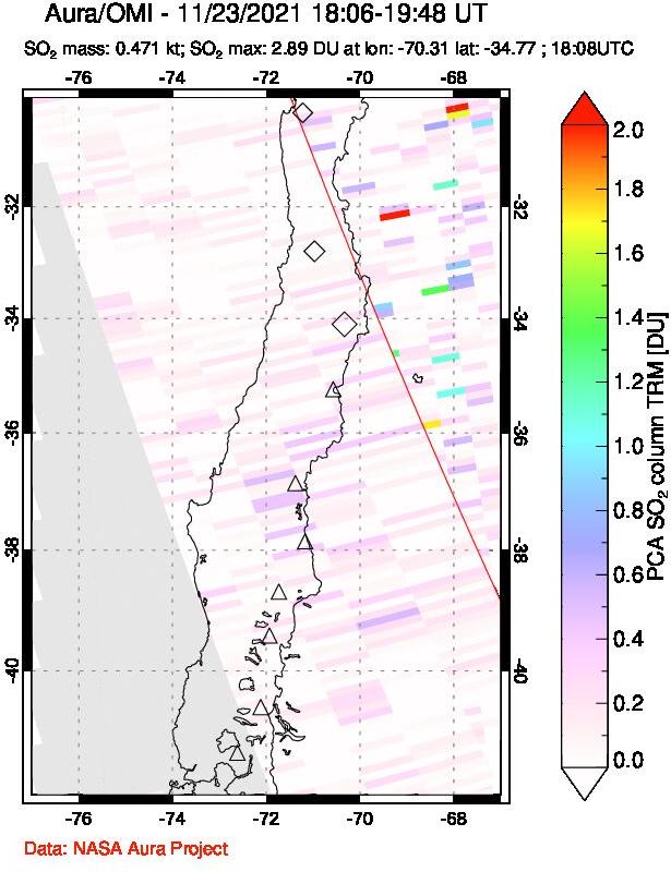 A sulfur dioxide image over Central Chile on Nov 23, 2021.