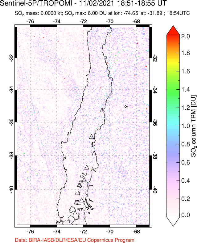 A sulfur dioxide image over Central Chile on Nov 02, 2021.