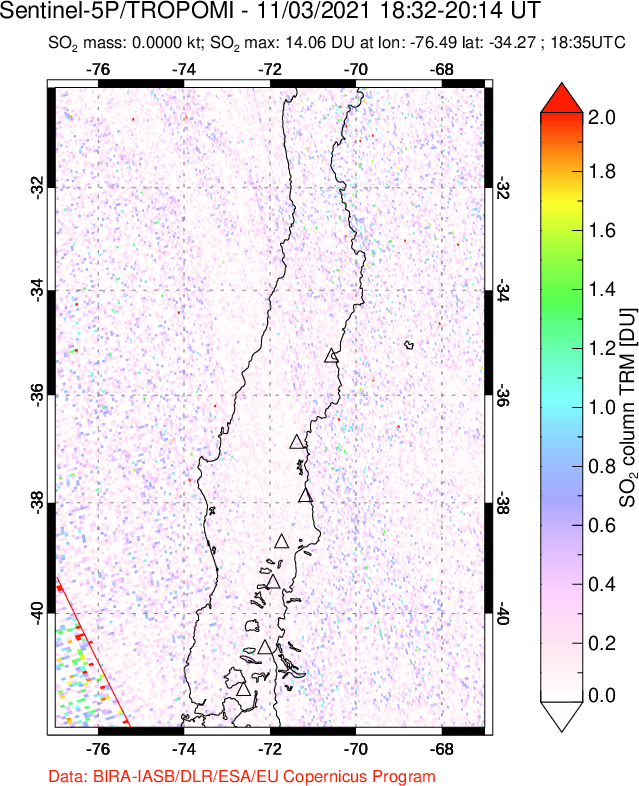 A sulfur dioxide image over Central Chile on Nov 03, 2021.