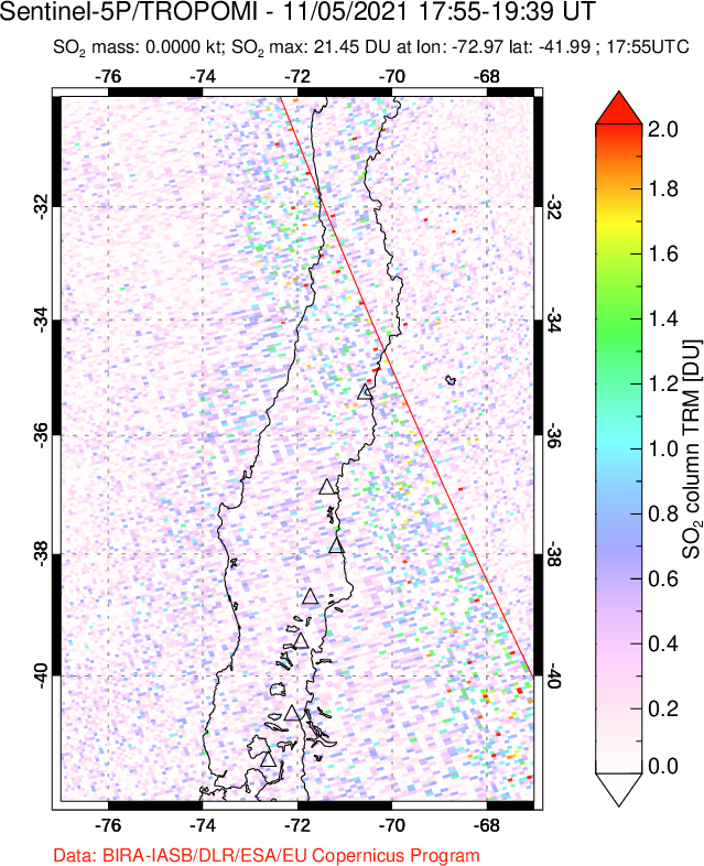 A sulfur dioxide image over Central Chile on Nov 05, 2021.