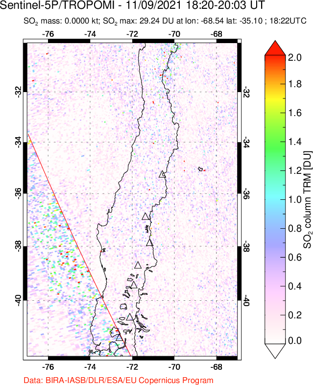 A sulfur dioxide image over Central Chile on Nov 09, 2021.