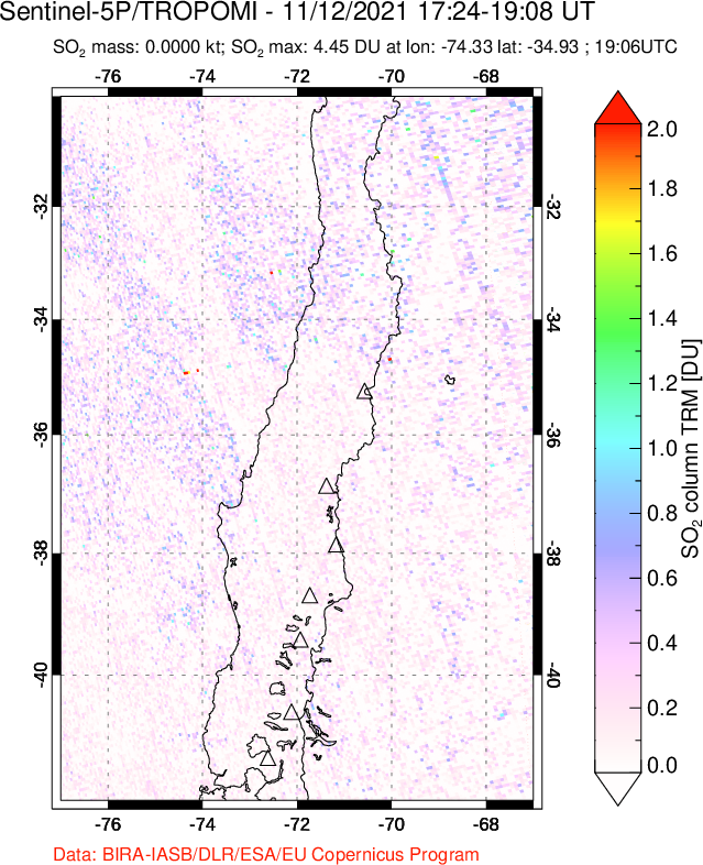 A sulfur dioxide image over Central Chile on Nov 12, 2021.