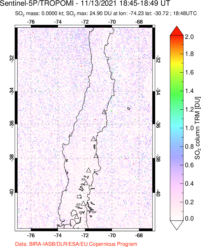 A sulfur dioxide image over Central Chile on Nov 13, 2021.