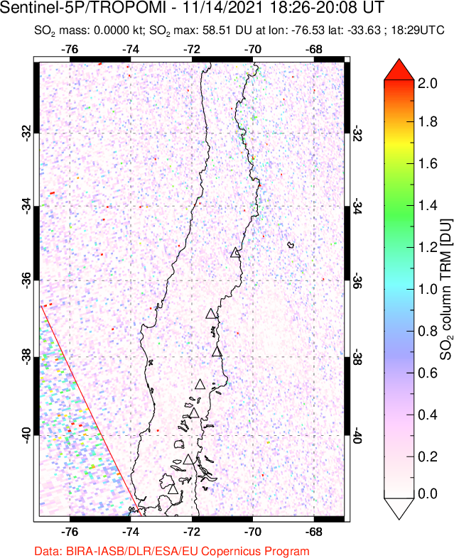 A sulfur dioxide image over Central Chile on Nov 14, 2021.
