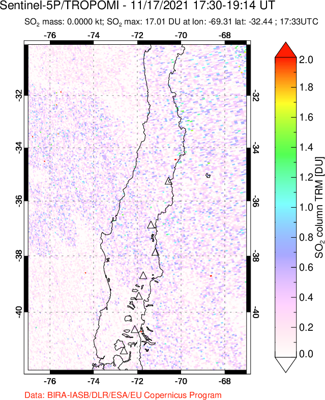 A sulfur dioxide image over Central Chile on Nov 17, 2021.