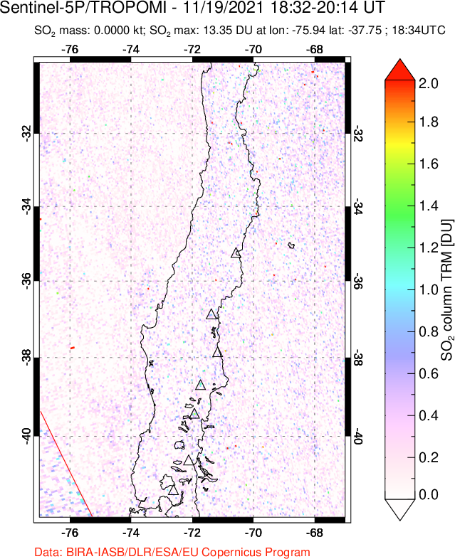 A sulfur dioxide image over Central Chile on Nov 19, 2021.
