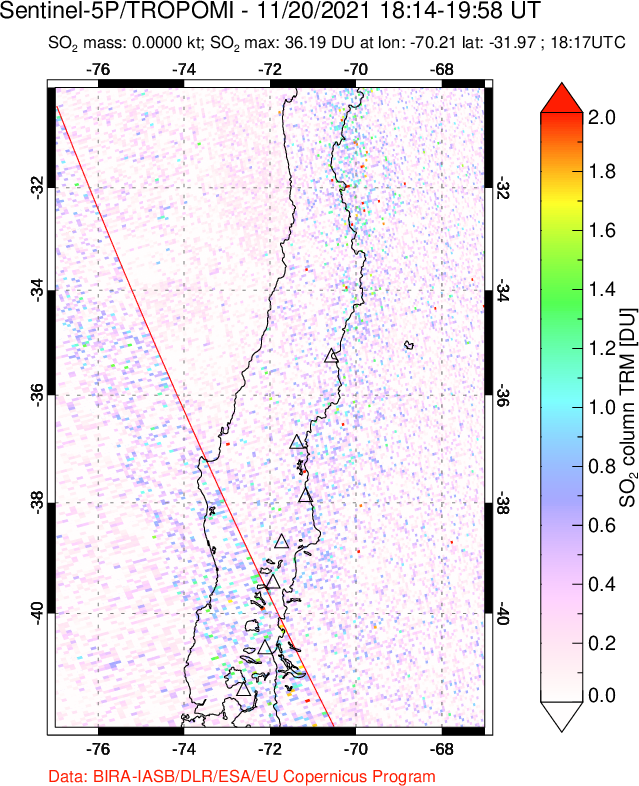 A sulfur dioxide image over Central Chile on Nov 20, 2021.