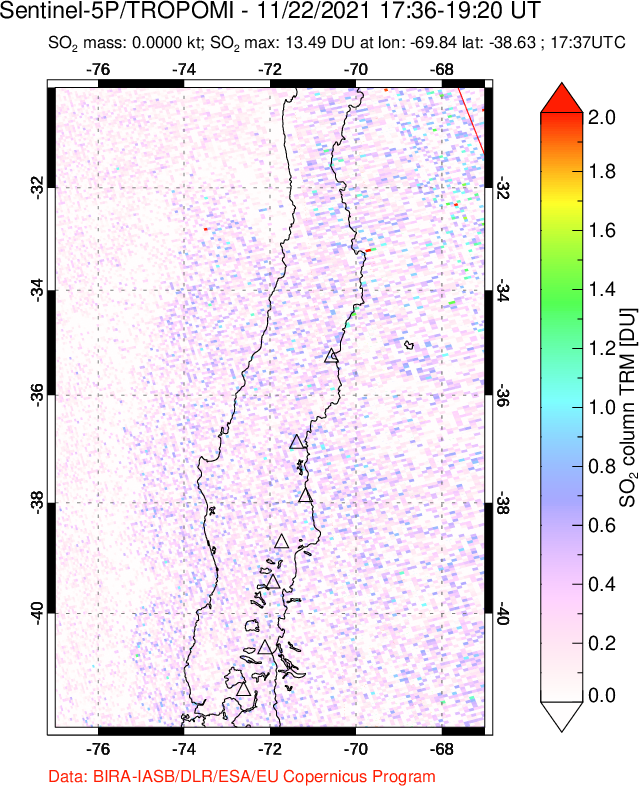 A sulfur dioxide image over Central Chile on Nov 22, 2021.
