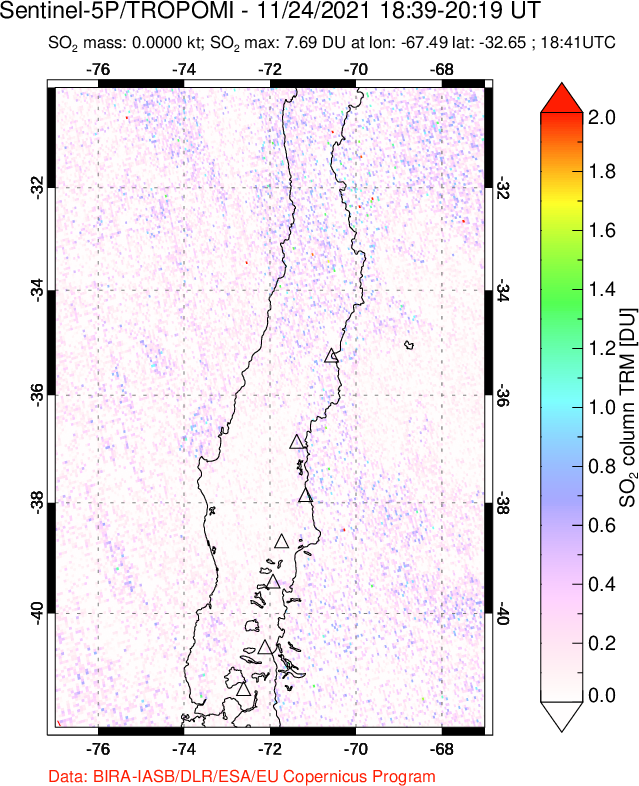 A sulfur dioxide image over Central Chile on Nov 24, 2021.
