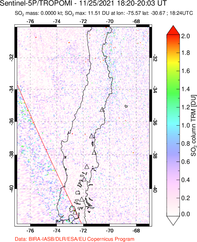 A sulfur dioxide image over Central Chile on Nov 25, 2021.