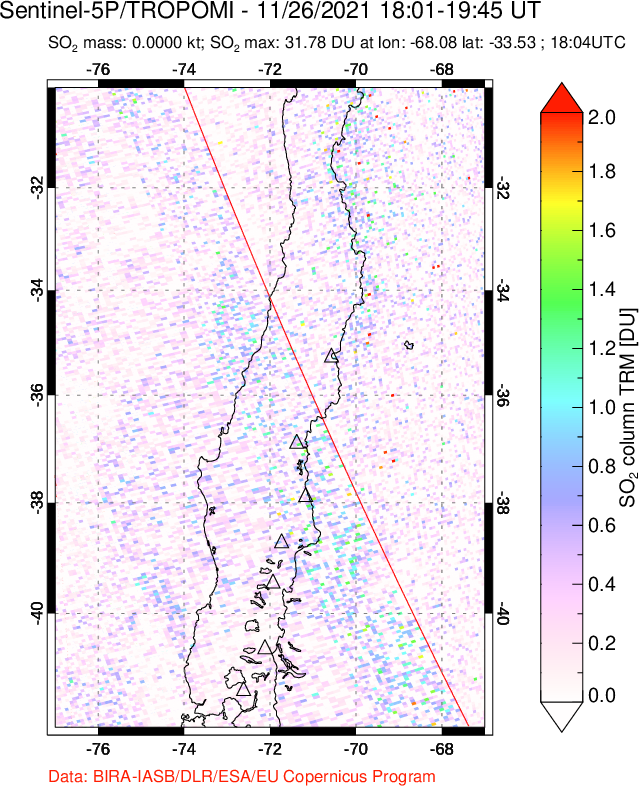 A sulfur dioxide image over Central Chile on Nov 26, 2021.