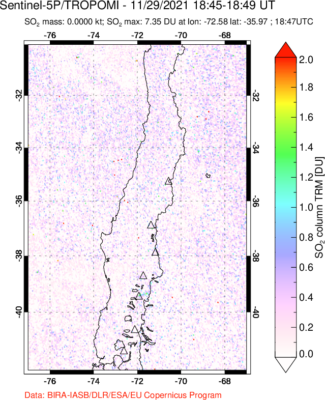 A sulfur dioxide image over Central Chile on Nov 29, 2021.