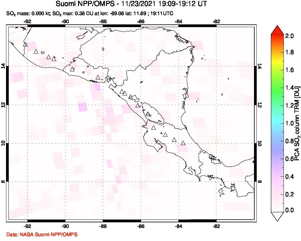 A sulfur dioxide image over Central America on Nov 23, 2021.