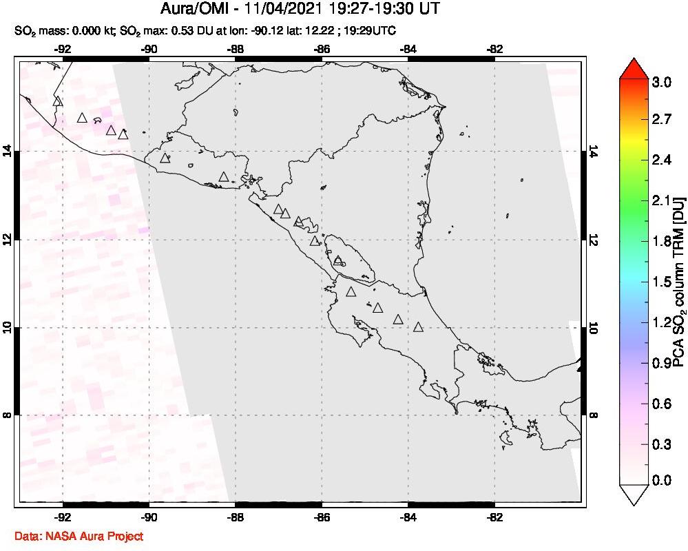 A sulfur dioxide image over Central America on Nov 04, 2021.