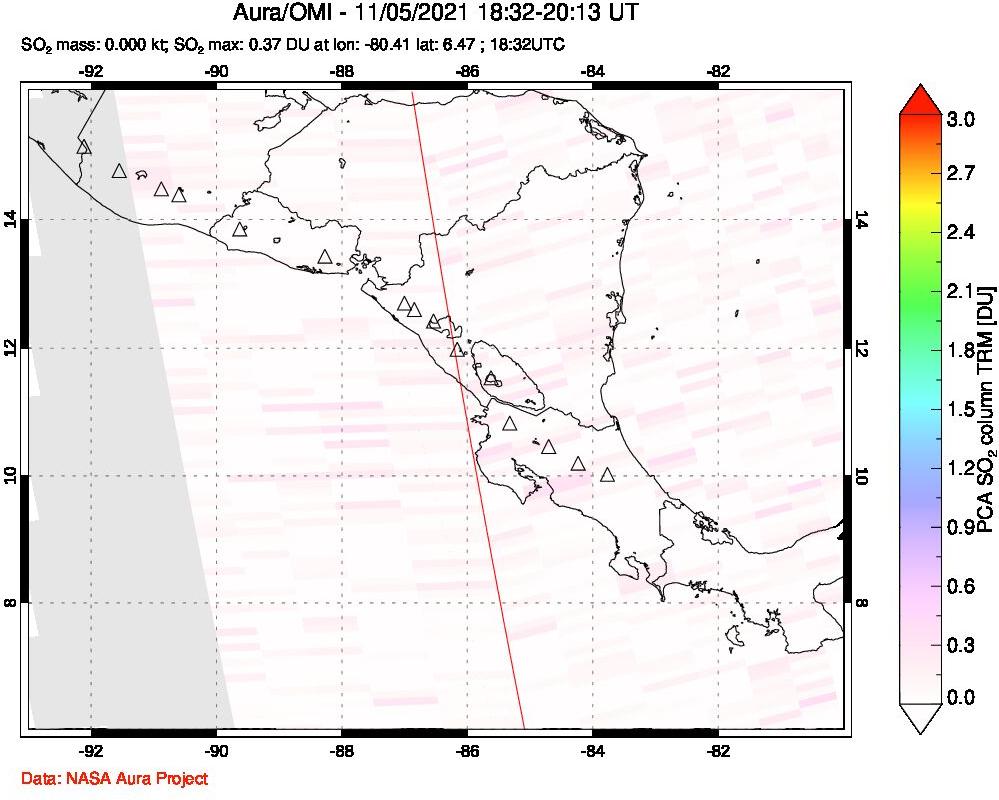 A sulfur dioxide image over Central America on Nov 05, 2021.