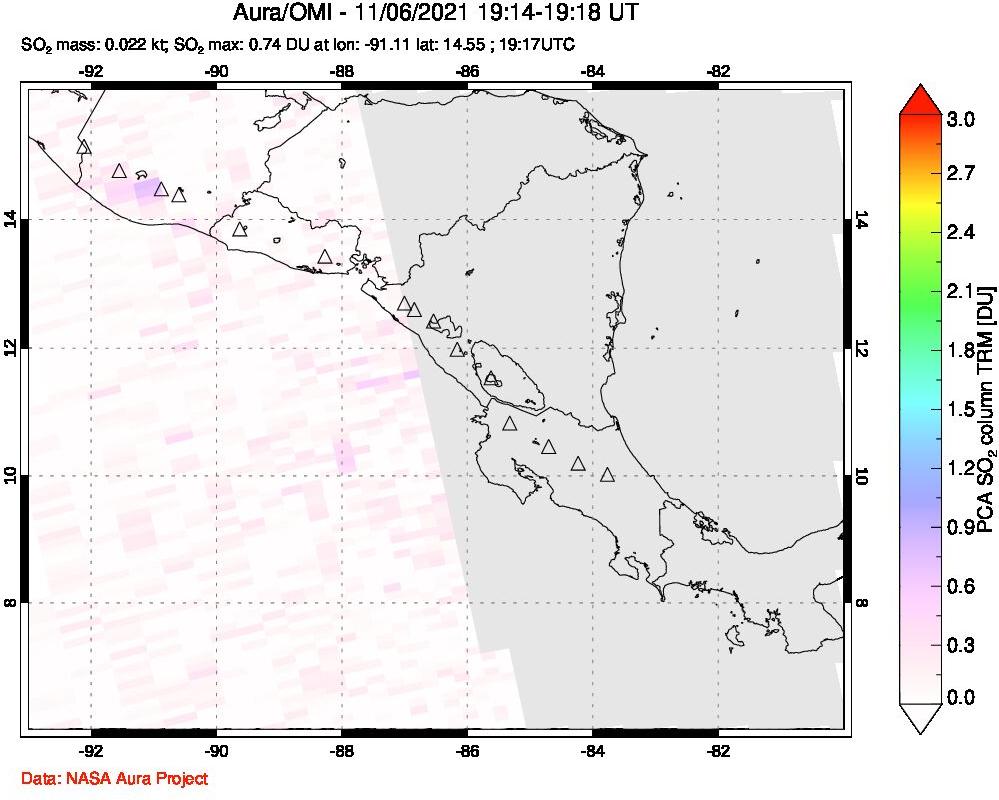 A sulfur dioxide image over Central America on Nov 06, 2021.