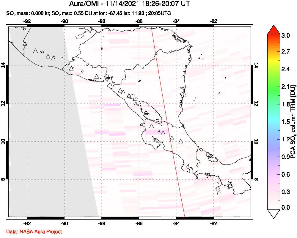 A sulfur dioxide image over Central America on Nov 14, 2021.
