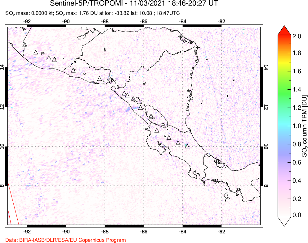 A sulfur dioxide image over Central America on Nov 03, 2021.