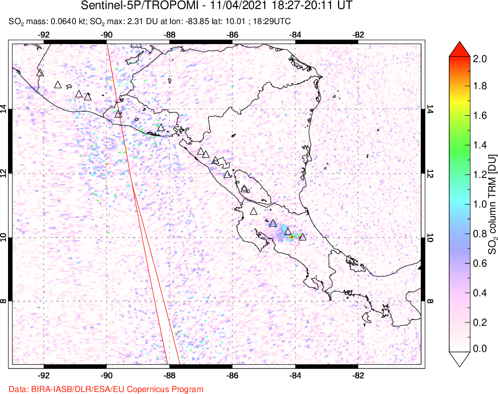 A sulfur dioxide image over Central America on Nov 04, 2021.