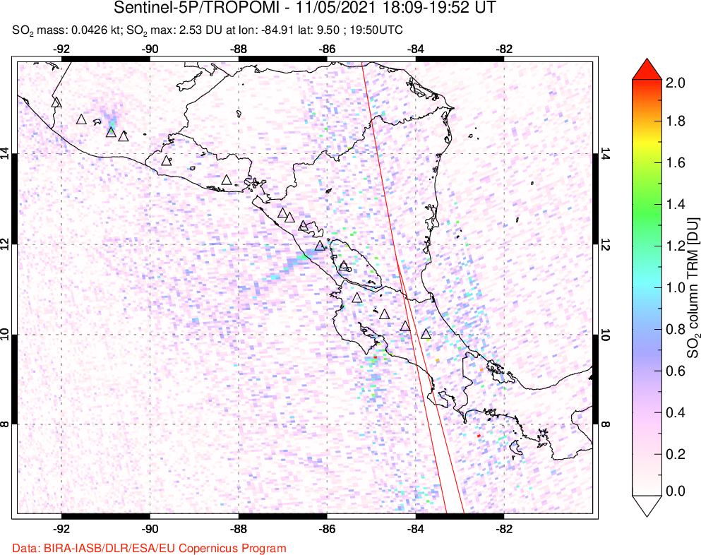A sulfur dioxide image over Central America on Nov 05, 2021.