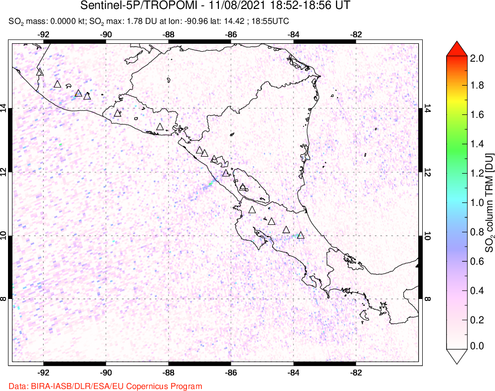 A sulfur dioxide image over Central America on Nov 08, 2021.