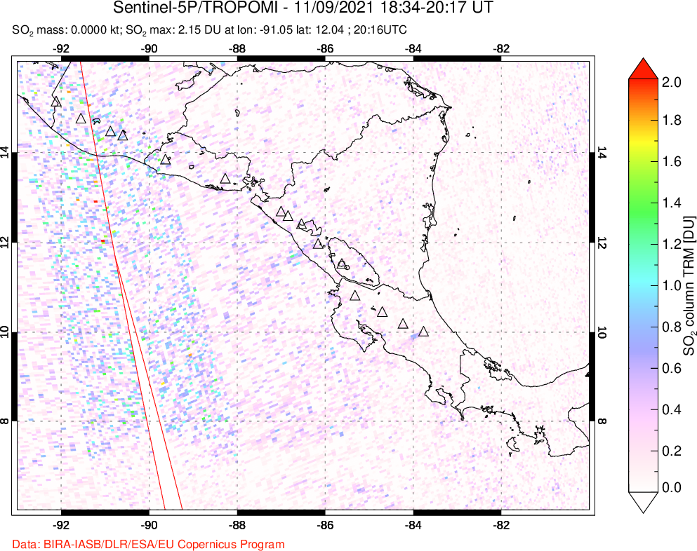A sulfur dioxide image over Central America on Nov 09, 2021.