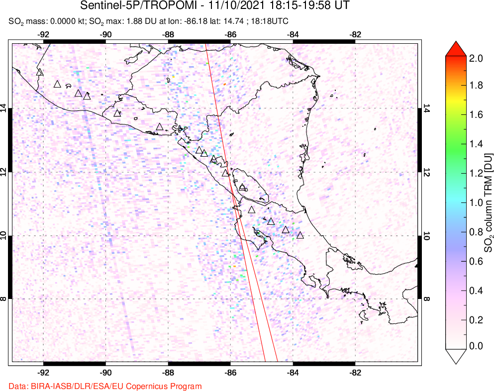 A sulfur dioxide image over Central America on Nov 10, 2021.